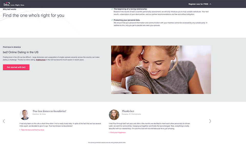 Características del sitio web de citas Be2