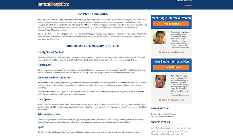 Características del sitio web de citas InterRacialPeopleMeet